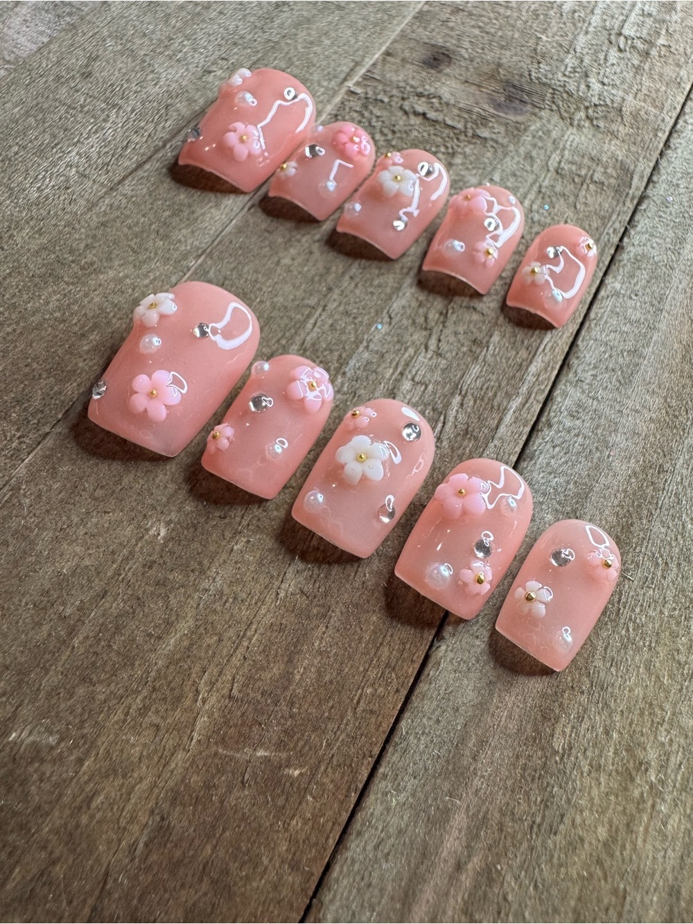 Pink Floral Press-On Nails Size Large 3D Flowers & Rhinestones